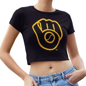 NEW Milwaukee Brewers MB Glove Team Color Pop Form Fit Crop Top Shirt BLACK